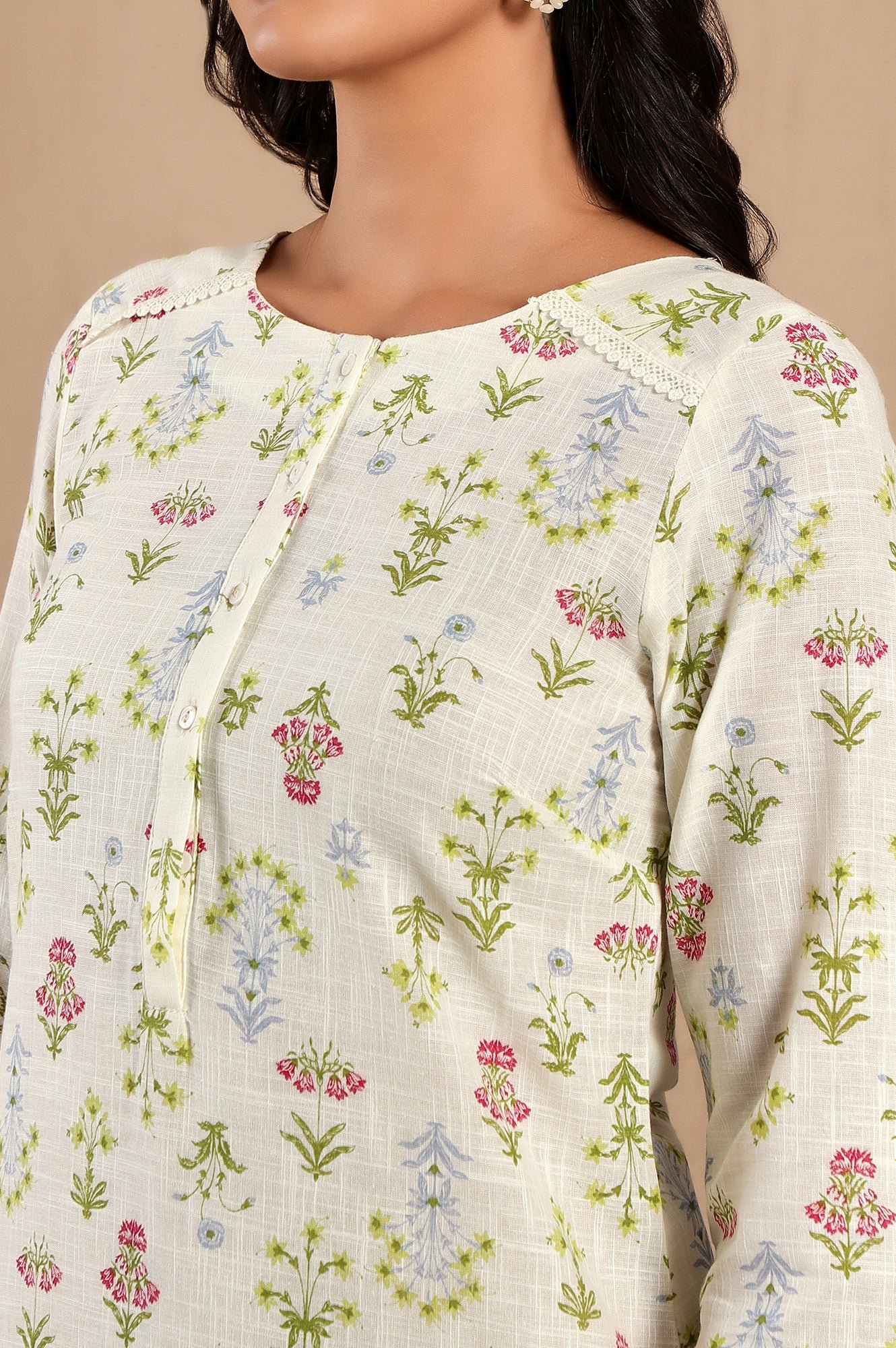 White Floral Printed Pure Cotton Straight Kurta and Pants Co-ord Set - Image 5